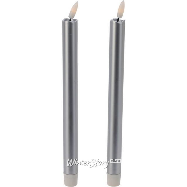 Столовая светодиодная свеча с имитацией пламени Sunrise 25 см серебряная, 2 шт с пультом, таймер, на батарейках Koopman