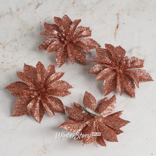 Искусственная пуансеттия Dufran 8 см, 4 шт, розовая, клипса Koopman