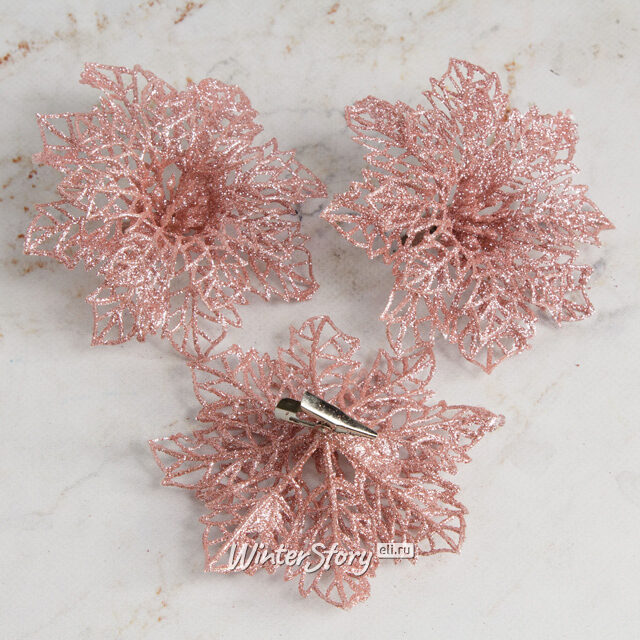 Искусственная пуансеттия Cecilia 12 см, 3 шт, коралловая, клипса Koopman