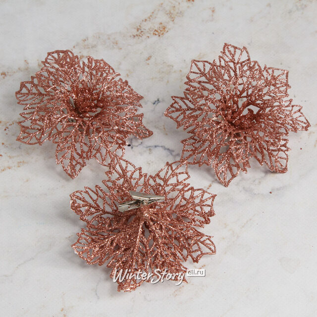 Искусственная пуансеттия Cecilia 12 см, 3 шт, розовое золото, клипса Koopman