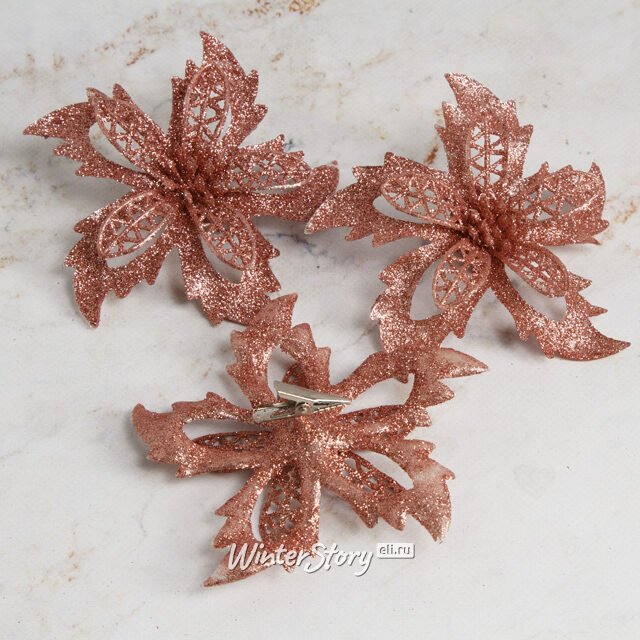 Искусственная пуансеттия Clemencia 12 см, 3 шт, розовое золото, клипса Koopman