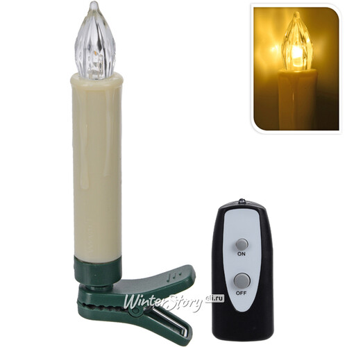 Светодиодные свечи для елки Элизабет с пультом 10 шт 10.5 см, кремовые с теплыми белыми LED лампами, на клипсе, батарейки, IP20 Koopman