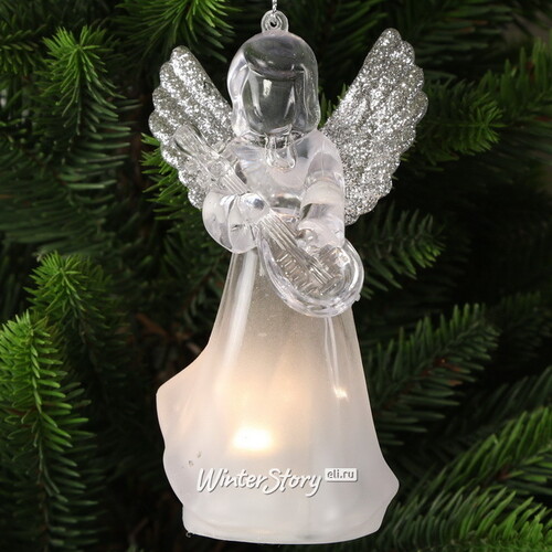 Светящаяся елочная игрушка Ангел Амадео с серебристыми крыльями 12 см на батарейке, теплая белая LED подсветка, подвеска Koopman