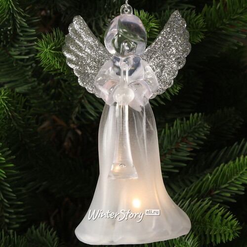 Светящаяся елочная игрушка Ангел Иоганно с серебристыми крыльями 12 см на батарейке, теплая белая LED подсветка, подвеска Koopman