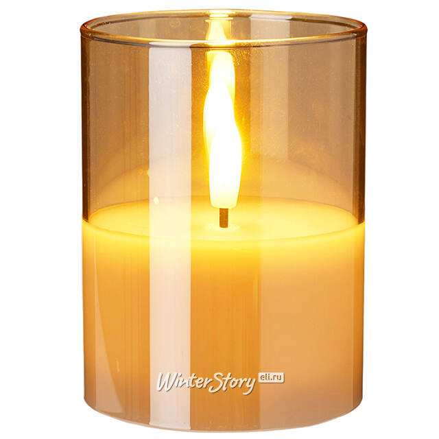 Светодиодная свеча с имитацией пламени Матфен 10 см янтарная, стекло, на батарейках, таймер Koopman
