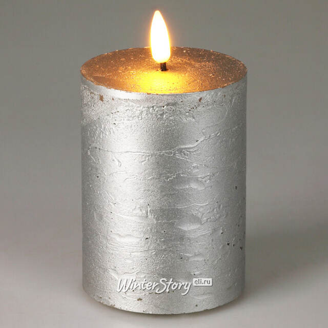 Светодиодная восковая свеча Rustic 10 см серебряная, мерцающее пламя, на батарейках, таймер Koopman