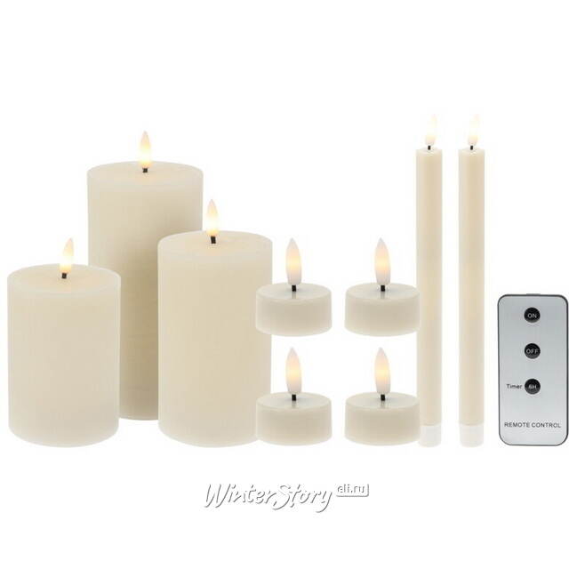 Набор светодиодных свечей Rustic Novel слоновая кость, мерцающее пламя, 9 шт, на батарейках, таймер Koopman