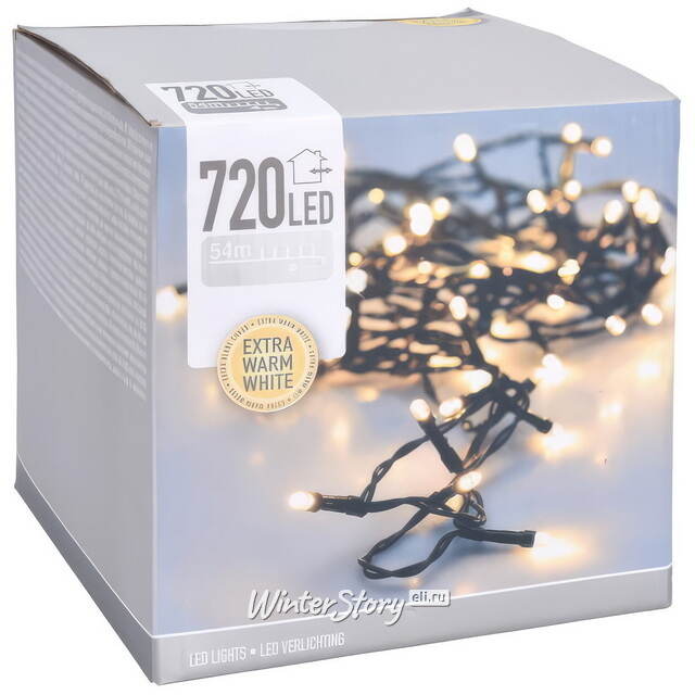 Светодиодная гирлянда Koopman Comfort Steady 54 м, 720 экстра теплых белых LED ламп, зеленый ПВХ, IP44 Koopman