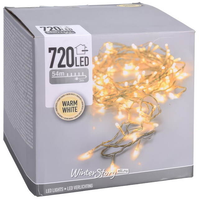 Светодиодная гирлянда Koopman Comfort Steady 54 м, 720 теплых белых LED ламп, прозрачный ПВХ, контроллер, таймер, IP44 Koopman