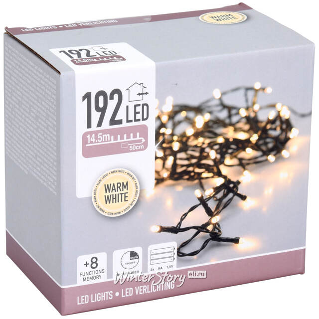 Светодиодная гирлянда на батарейках Koopman 14.5 м, 192 теплых белых LED лампы, черный ПВХ, контроллер, IP44 Koopman (Купман)