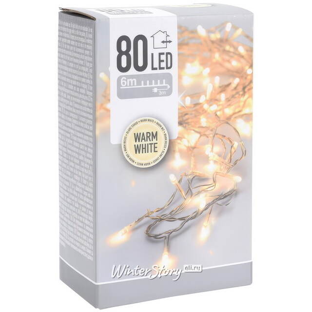 Светодиодная гирлянда Koopman Comfort 6 м, 80 теплых белых LED ламп, прозрачный ПВХ, контроллер, таймер, IP44 Koopman (Купман)