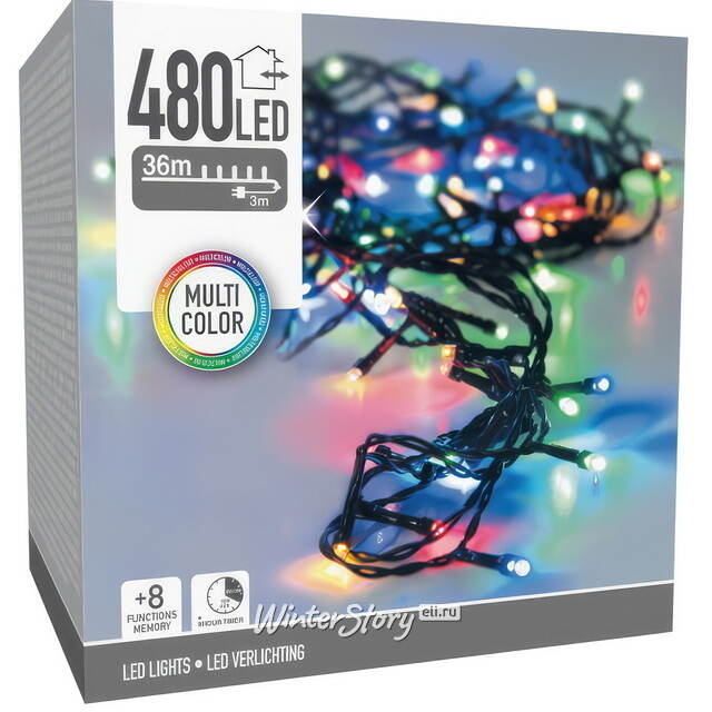 Светодиодная гирлянда Koopman Comfort 36 м, 480 разноцветных LED ламп, зеленый ПВХ, контроллер, таймер, IP44 Koopman (Купман)