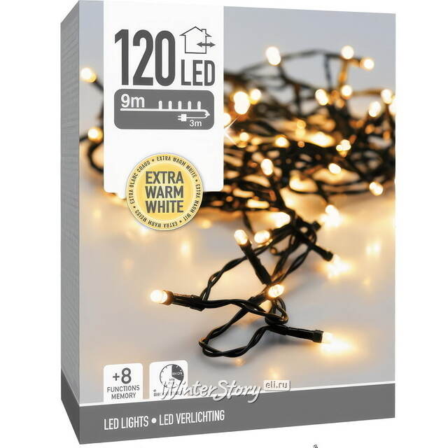 Светодиодная гирлянда Koopman Comfort 9 м, 120 экстра теплых белых LED ламп, зеленый ПВХ, контроллер, таймер, IP44 Koopman (Купман)