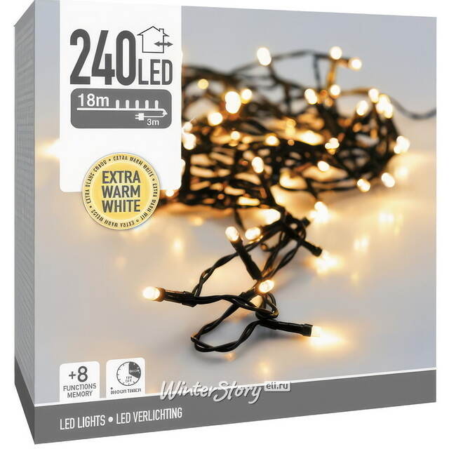 Светодиодная гирлянда Koopman Comfort 18 м, 240 экстра теплых белых LED ламп, зеленый ПВХ, контроллер, таймер, IP44 Koopman (Купман)