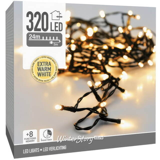 Светодиодная гирлянда Koopman Comfort 24 м, 320 экстра теплых белых LED ламп, зеленый ПВХ, контроллер, таймер, IP44 Koopman