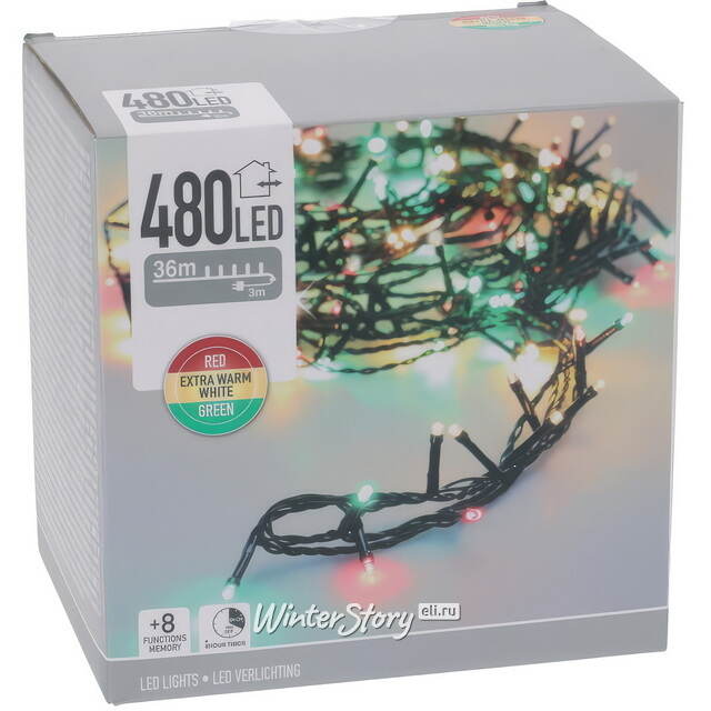 Светодиодная гирлянда Koopman Comfort Italian 36 м, 480 разноцветных LED ламп, зеленый ПВХ, контроллер, таймер, IP44 Koopman