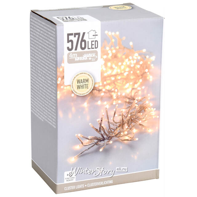Светодиодная гирлянда Koopman Кластер 4 м, 576 теплых белых LED ламп, прозрачный ПВХ, контроллер, IP44 Koopman