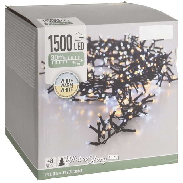 Светодиодная гирлянда Koopman Snake Comfort Basic 30 м, 1500 теплых/холодных белых LED ламп, зеленый ПВХ, контроллер, таймер, IP44 Koopman