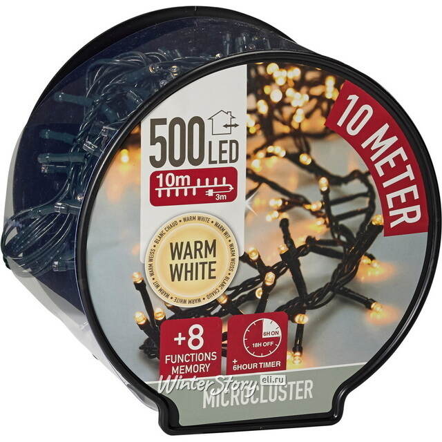 Гирлянда на катушке Koopman Snake Comfort Basic 10 м, 500 теплых белых LED ламп, зеленый ПВХ, контроллер, таймер, IP44 Koopman