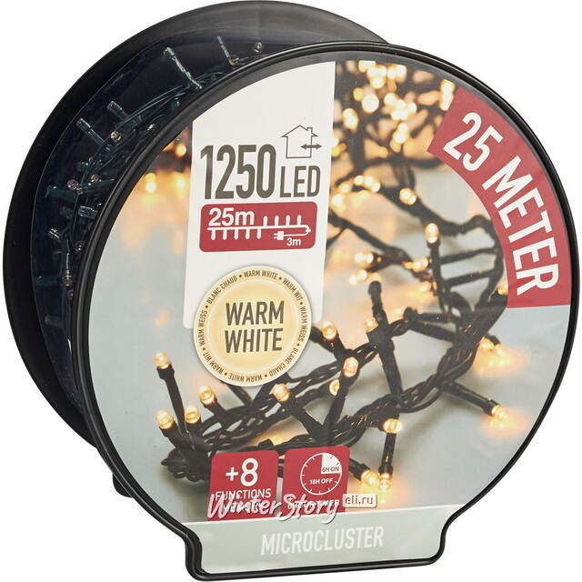 Гирлянда на катушке Koopman Snake Comfort Basic 25 м, 1250 теплых белых LED ламп, зеленый ПВХ, контроллер, таймер, IP44 Koopman