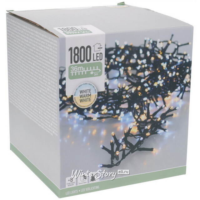 Светодиодная гирлянда Koopman Snake Comfort Basic 36 м, 1800 теплых/холодных белых LED ламп, зеленый ПВХ, контроллер, таймер, IP44 Koopman