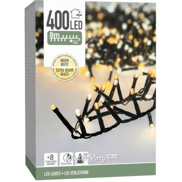 Светодиодная гирлянда Koopman Snake Comfort 8 м, 400 теплых/экстра теплых белых LED ламп, зеленый ПВХ, контроллер, таймер, IP44 Koopman