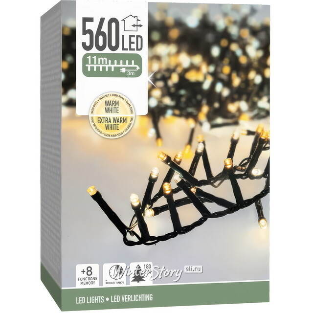 Светодиодная гирлянда Koopman Snake Comfort 11 м, 560 теплых/экстра теплых белых LED ламп, зеленый ПВХ, контроллер, таймер, IP44 Koopman