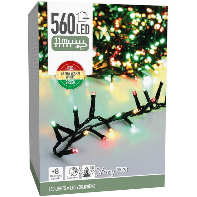 Светодиодная гирлянда Koopman Snake Comfort Italian 11 м, 560 разноцветных LED ламп, зеленый ПВХ, контроллер, таймер, IP44 Koopman