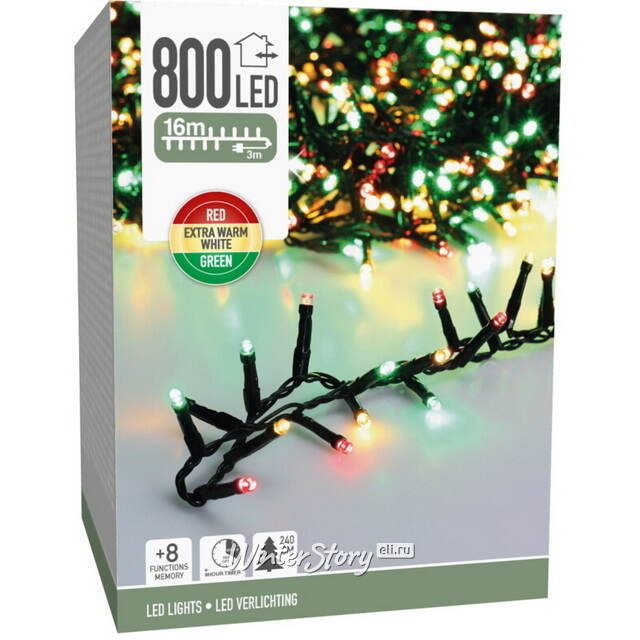 Светодиодная гирлянда Koopman Snake Comfort Italian 16 м, 800 разноцветных LED ламп, зеленый ПВХ, контроллер, таймер, IP44 Koopman