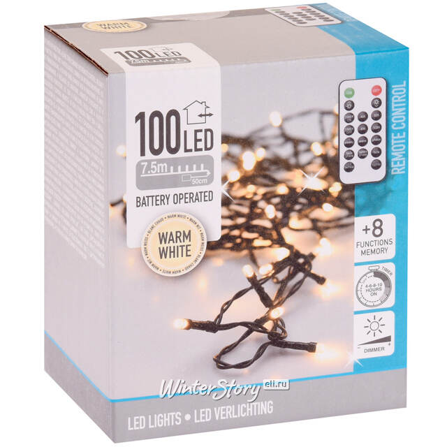 Светодиодная гирлянда на батарейках Koopman Comfort 7.5 м, 100 теплых белых LED ламп, черный ПВХ, пульт управления, контроллер, диммер, IP44 Koopman (Купман)
