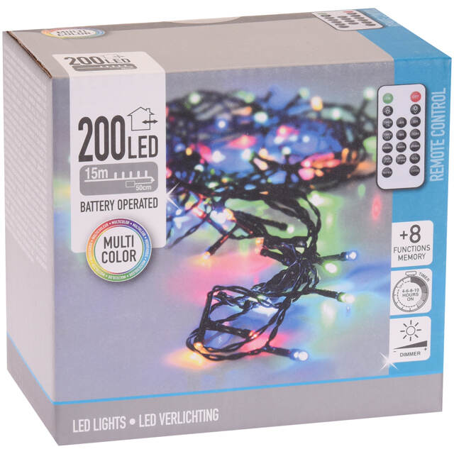 Светодиодная гирлянда на батарейках Koopman Comfort 15 м, 200 разноцветных LED ламп, черный ПВХ, пульт управления, контроллер, диммер, IP44 Koopman (Купман)