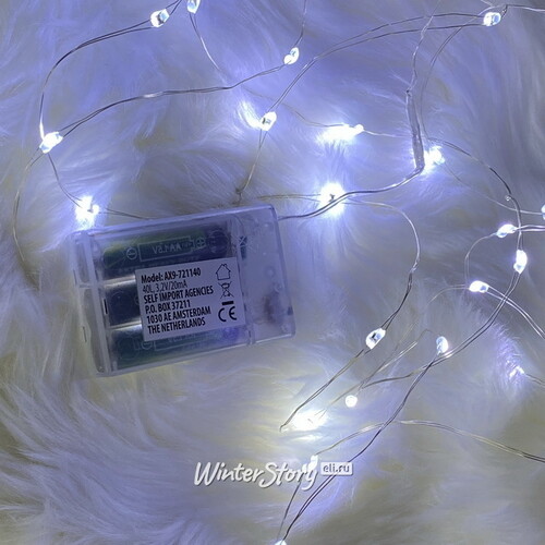 Светодиодная гирлянда Капельки Grande на батарейках 8 м, 80 холодных белых мини LED ламп, серебряная проволока, IP20 Koopman