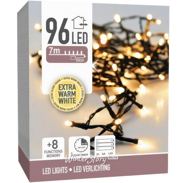 Светодиодная гирлянда на батарейках Koopman 7.2 м, 96 экстра теплых белых LED ламп, черный ПВХ, контроллер, таймер, IP44 Koopman