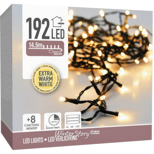 Светодиодная гирлянда на батарейках Koopman 14.4 м, 192 экстра теплых белых LED ламп, черный ПВХ, контроллер, таймер, IP44 Koopman