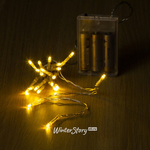 Светодиодная гирлянда Романтика на батарейках 20 теплых белых LED ламп 2 м, прозрачный ПВХ, IP20 Koopman