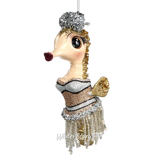 Елочная игрушка Морской Конёк Гэтсби 13 см в серебряно-миндальном платье, подвеска Goodwill