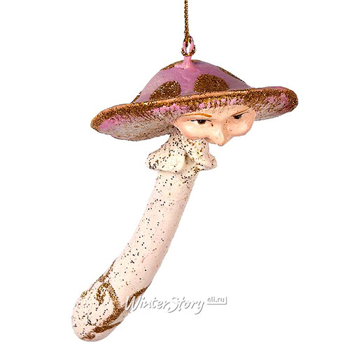Елочная игрушка Волшебный Грибок 12 см с розовой шляпкой, смотрит вниз, подвеска Goodwill