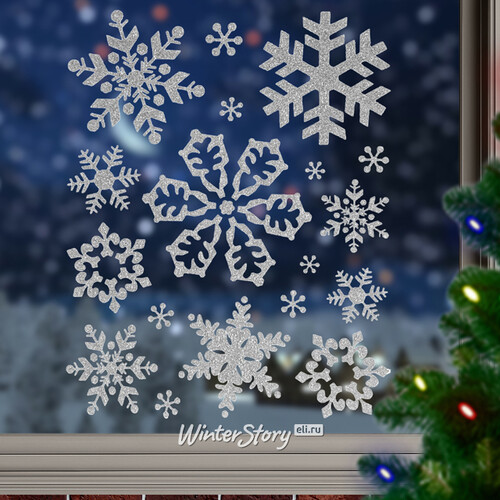 Наклейки для окна Снежинки 42*30 см серебряные Koopman