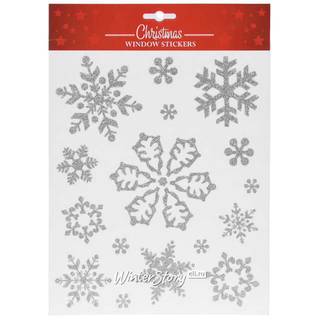 Наклейки для окон Блестящие Снежинки 21*30 см серебряные Koopman