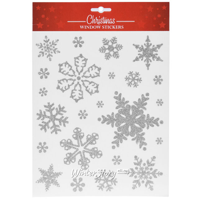 Наклейки для окон Блестящие Снежинки 21*30 см серебряные Koopman