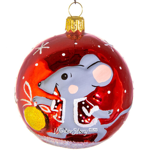 Стеклянный елочный шар Зодиак - Мышонок с шаром 7 см красный Фабрика Елочка
