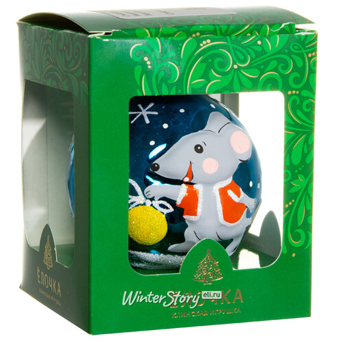 Стеклянный елочный шар Зодиак - Мышонок с шариком 7 см бирюзовый Фабрика Елочка