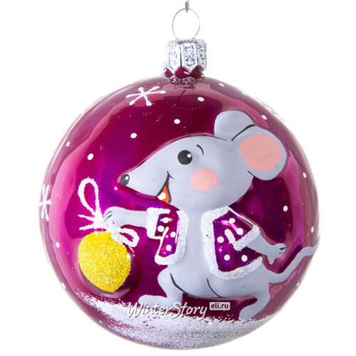 Стеклянный елочный шар Зодиак - Мышка с шариком 7 см розовый Фабрика Елочка