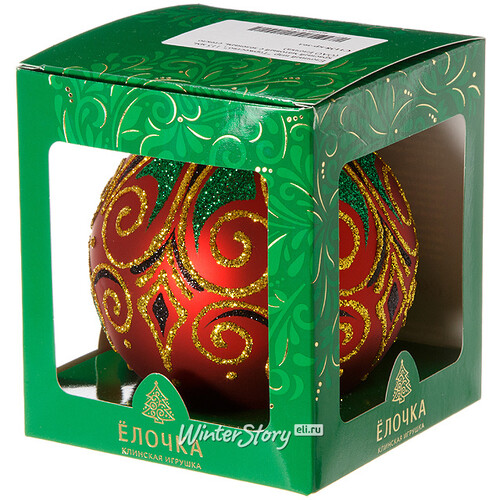 Стеклянный елочный шар Торжество 11 см красный глянцевый с зеленым Фабрика Елочка