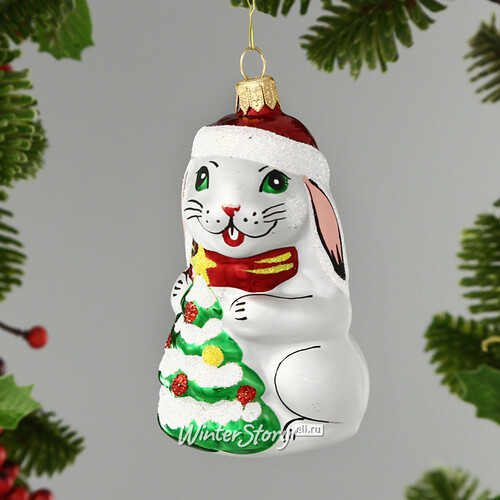 Стеклянная елочная игрушка Зодиак - Кролик с елочкой 8 см, подвеска Фабрика Елочка
