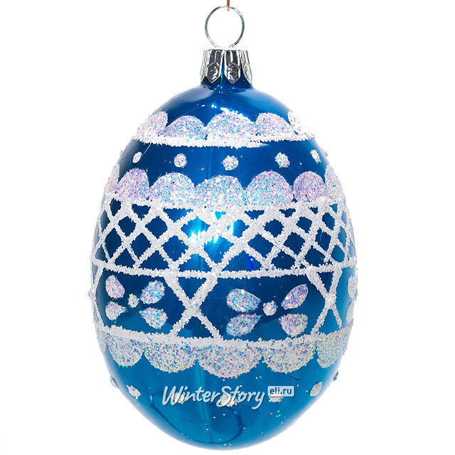 Стеклянная елочная игрушка Яйцо Макраме 8 см бирюзовое, подвеска Фабрика Елочка