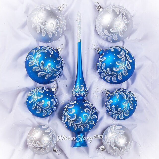 Набор стеклянных елочных шаров с верхушкой Утренний синий Фабрика Елочка