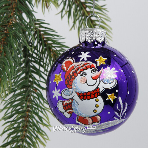 Стеклянный елочный шар Снеговичок 6 см, фиолетовый Фабрика Елочка
