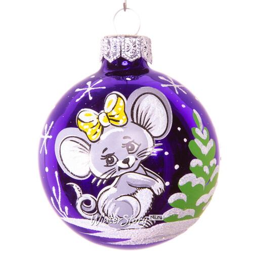 Стеклянный елочный шар Восточный гороскоп - Мышка милашка 6 см фиолетовый Фабрика Елочка