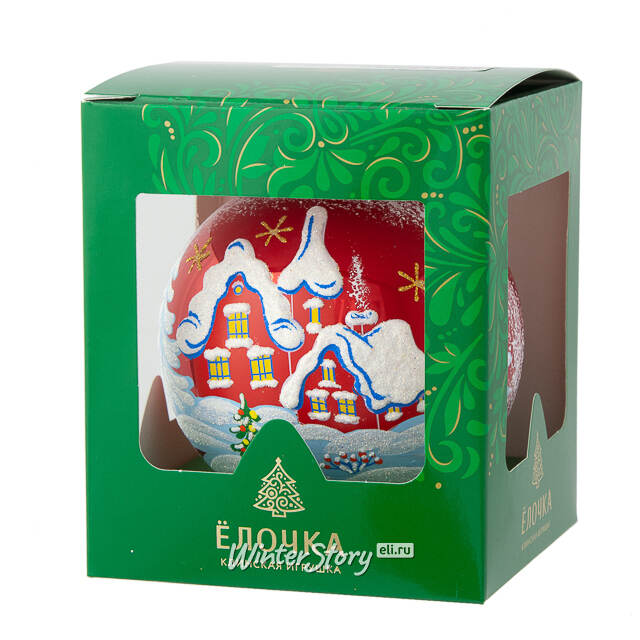 Стеклянный елочный шар Снежный пейзаж 9 см красный Фабрика Елочка